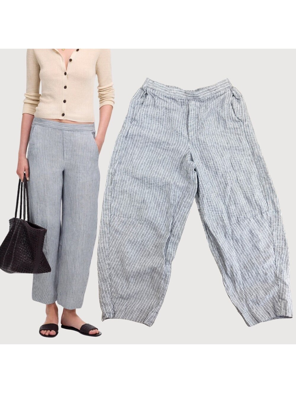 Madewell Pull On Linen Barrel Pants Blue White Stripe S